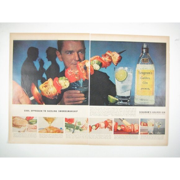 Vintage Seagrams Golden Gin Print Ad 1950s Skewered Food Cocktail 2 Page - Picture 1 of 2